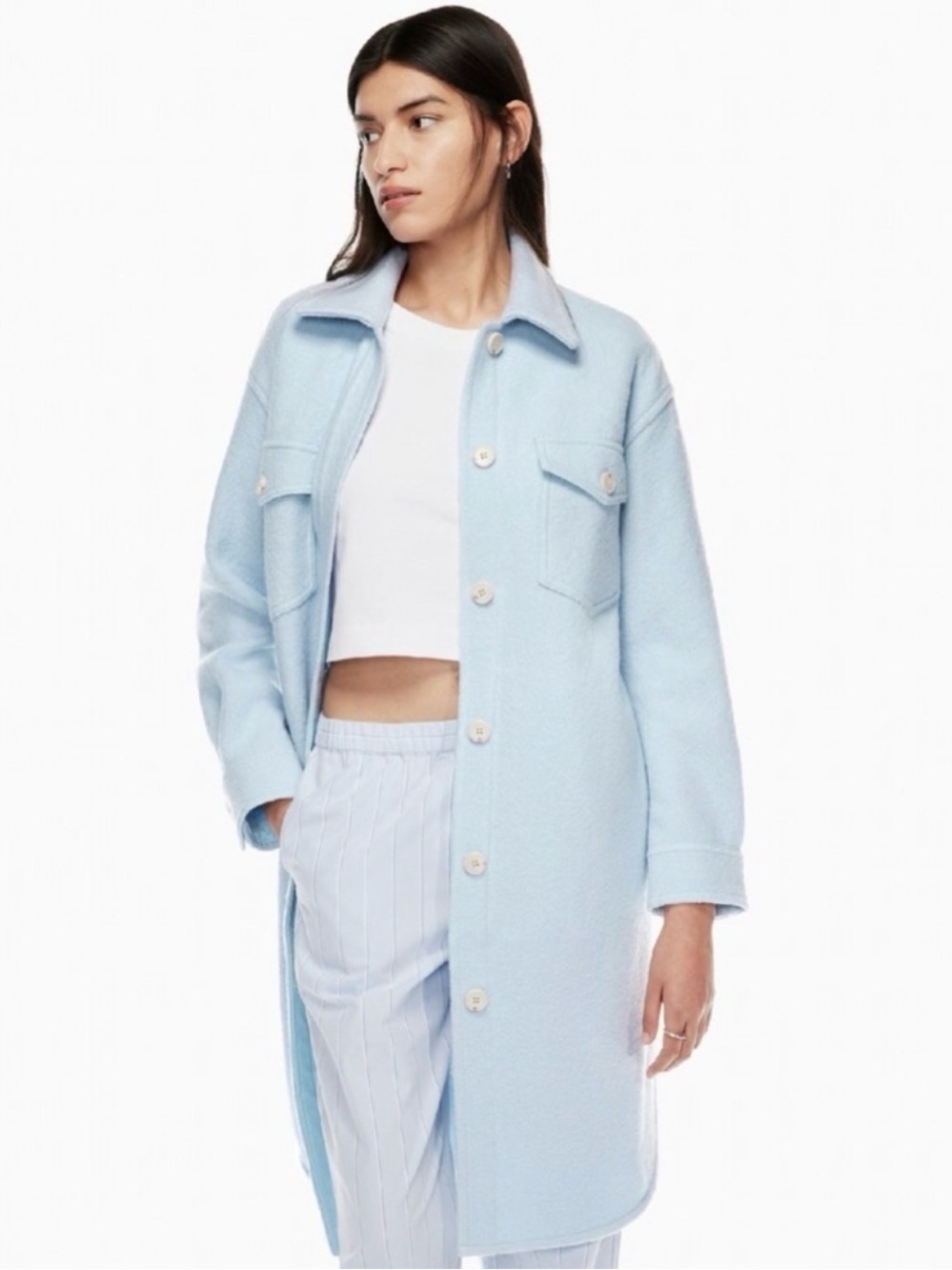 Aritzia Wilfred The Ganna Long Shirt Jacket XS Cool Blue Boiled Merino Wool
